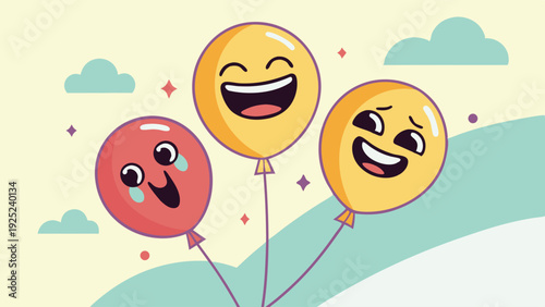 Three Happy Emotion Balloons Celebrating Joy Laughter and Fun for Party Invitations Social Media Posts or Greeting Cards