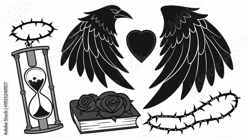 Gothic Tattoo Elements Black Raven Wings Heart Hourglass Roses Thorns for Dark Fantasy Design Projects