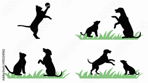 Playful Cat and Dogs Silhouettes Interacting in Grass for Pet Care Web Design or Animal Shelter Promotion