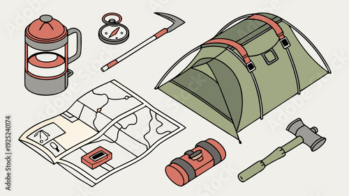 Isometric Camping Gear Flat Lay for Outdoor Adventure Travel Web Design or Adventure Tourism Promotion