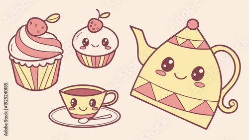 Cute Kawaii Teatime Illustration for Cafe Menu Design Sweet Dessert Party Invitation Background Happy Children's Branding