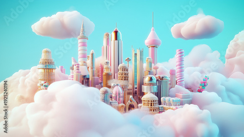A dazzling futuristic city crafted entirely from colorful sweets and candy, glowing like a vibrant fantasy metropolis.