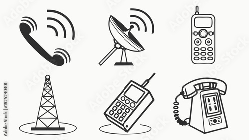Communication Technology Icons Set Vintage Mobile Phone Landline Satellite Dish Cell Tower Vector Illustration for Connectivity Design Projects