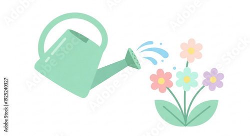 Watering can nourishing colorful flowers in bloom with gentle water flow pastel colors simple design