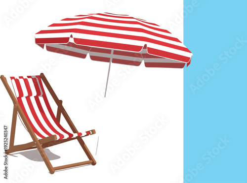 Beach chair and striped umbrella illustration with summer vacation seaside relaxation concept isolated on white background for travel and holiday design