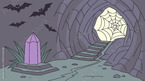 Mysterious Cave Entrance with Glowing Purple Crystal and Flying Bats for Fantasy Game Design or Halloween Background