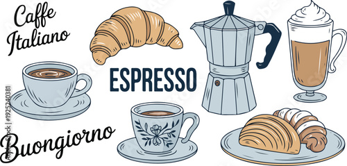 Flat Doodle Italian Coffee Collection  Hand-Drawn Espresso and Cappuccino Illustrations