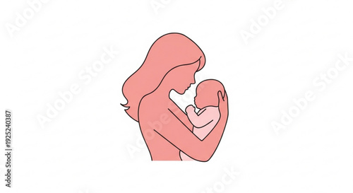 Mother tenderly holding newborn baby in simple line art illustration soft pink hues minimalist design love and care