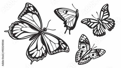 Monarch Butterfly Collection Black and White Engraving Set for Nature Design Tattoos or Spring Decoration Projects