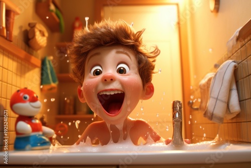 Animated boy playing joyfully in a foamy bubble bath, smiling with childhood glee