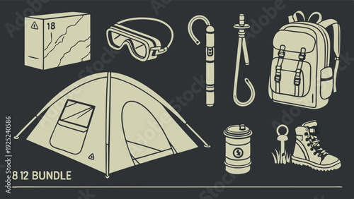 Outdoor Adventure Gear Bundle Icon Set for Camping Survival Travel Web Design and Outdoor Activity Promotion
