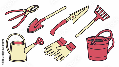 Gardening Tools Illustration Set for Spring Planting and Yard Work Design Projects Happy Homeowner Summer Lawn Care Website Banner