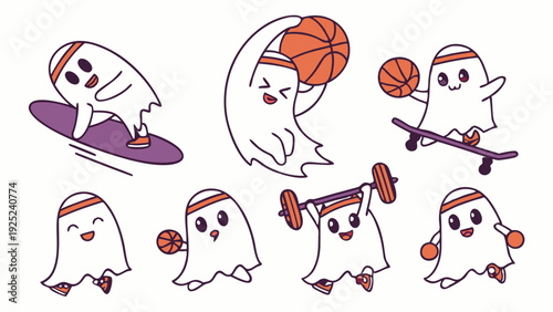 Cute Ghost Athletes Exercising with Basketball Skateboard Weightlifting Fun Halloween Fitness Vector Illustration