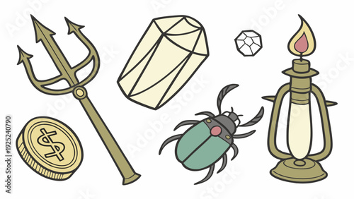 Treasure Hunting Icons Set Antique Trident Crystal Coin Beetle Lantern for Game Design Adventure Web Assets