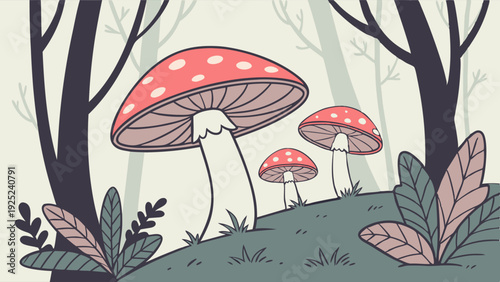 Enchanted Forest Floor with Giant Red and White Toadstools for Fairy Tale Book Illustration or Nature Blog Design