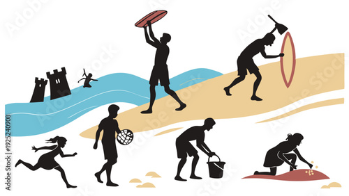 Summer Beach Recreation Silhouettes Surfing Sandcastle Building Family Vacation Fun Seaside Activities Graphic Design Elements