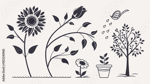 Black and White Garden Growth Icons Set Watering Seedling Sprout Flower Tree for Ecology Design Projects
