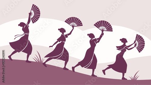 Silhouetted Women Dancing Uphill with Fans for Cultural Festival Promotion or Fitness Journey Graphic Design