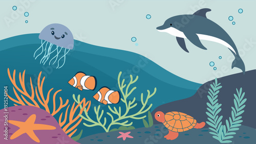 Vibrant Underwater Scene with Dolphin Turtle Clownfish Jellyfish for Children's Education and Ocean Life Web Design Projects