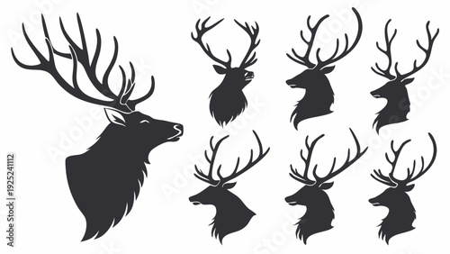 Majestic Elk Deer Head Silhouettes Set Hunting Lodge Decor Wildlife Logo Design Rustic Outdoor Branding Vector