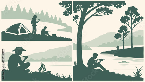 Silhouetted campers enjoying peaceful outdoor recreation fishing hiking by lake perfect for travel blogs adventure guides and relaxation themes