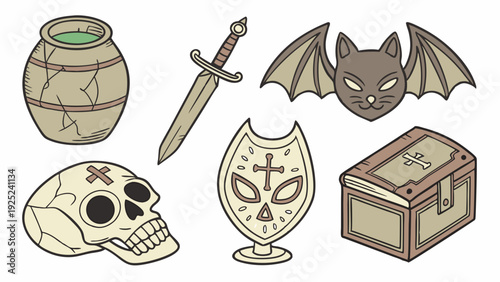 Spooky Halloween Game Assets Skull Sword Potion Chest for Horror Adventure App Design and Fantasy Graphic Projects