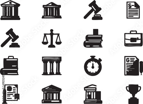 Law and legal icon set: justice, court, gavel, and documents vector graphics eps silhouette