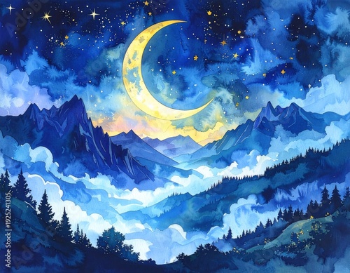 Celestial Serenity: A captivating watercolor illustration presents a serene moonlit mountain scene, with a radiant crescent moon illuminating the night sky, casting a soft glow over the landscape.