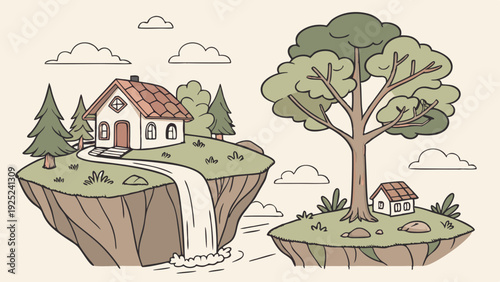 Floating Islands Landscape with Waterfall and Cozy Houses for Fantasy Game Design or Peaceful Home Website Illustration