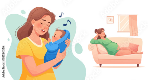 Happy mother holding newborn baby with love and care, parenting moment, motherhood bonding, family affection, child care concept, gentle lullaby scene, home lifestyle illustration, maternal happiness