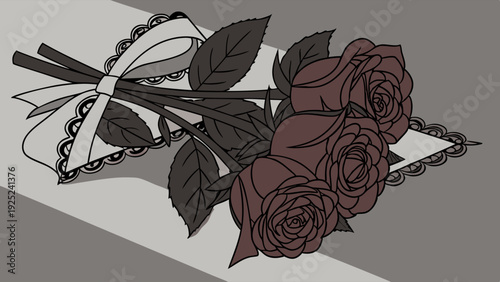 Somber Dark Roses Bouquet with Lace Ribbon for Funeral Memorial Condolence Grief Sympathy Design Element