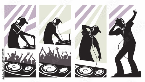 DJ Mixing Music Silhouettes at Vibrant Nightclub Party Event for Music Promotion and Entertainment Websites