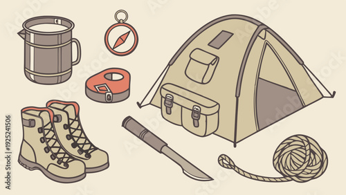 Essential Camping Gear Illustration for Outdoor Adventure Travel Web Design and Hiking Gear Retail Promotions