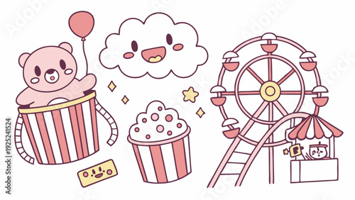 Cute Kawaii Carnival Funfair Elements for Kids Birthday Party Invitations Blog Design Sweet Summer Amusement Park Sticker Set