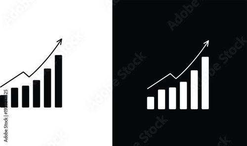 Business bar chart with upward growth arrow, financial progress statistics and success data visualization set, cad drawing flat vector illustration.