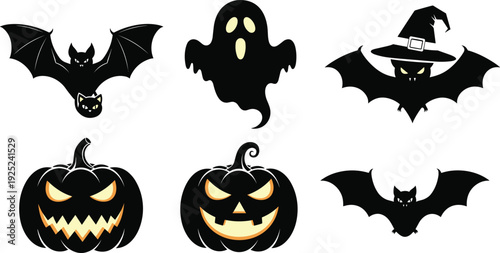 Halloween silhouettes set with spooky jack o lantern pumpkins, flying bats, ghost, and bat with witch hat, isolated, cad drawing.