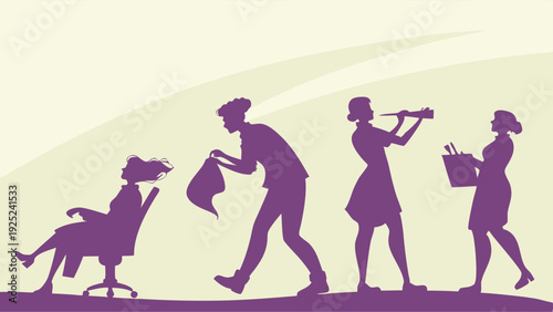 Female Career Progression Silhouettes Showing Growth from Relaxed Employee to Visionary Leader Exploring Opportunities