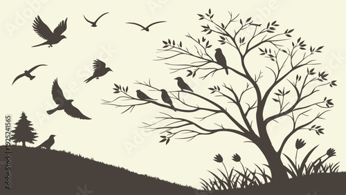 Silhouette Birds Flying From Bare Tree on Hillside for Nature Ecology Migration Spring or Autumn Design Element