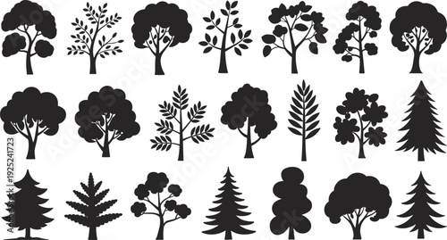 Black tree silhouettes set, decorative forest and garden trees, botanical nature icons collection, isolated woodland illustration
