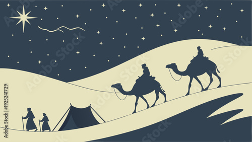 Wise Men Pilgrimage Following Star Across Desert Dunes for Christmas Nativity Story Illustration