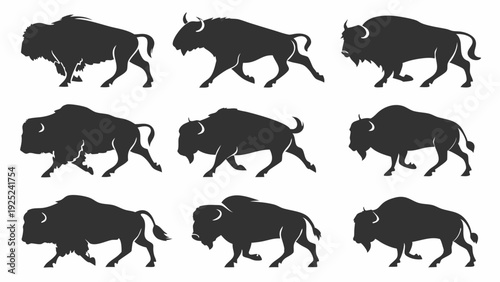 Bison Animal Silhouette Set Dynamic Movement Poses for Wildlife Design Icons Vector Illustration