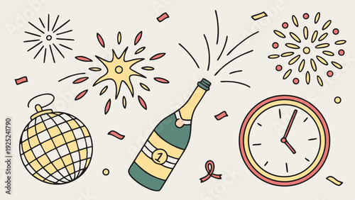 New Year Celebration Icons Champagne Fireworks Disco Ball Clock for Holiday Party Website Design and Festive Greeting Cards