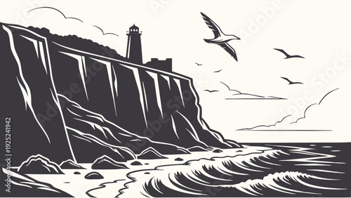 Dramatic Black and White Coastal Cliff with Lighthouse and Seagulls for Travel Brochures and Maritime Design Projects