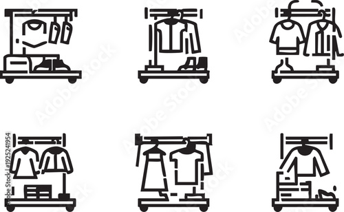 Clothing rack vector icons: garment display, retail store, fashion design eps silhouette
