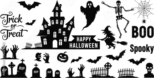 Spooky Halloween silhouettes set with haunted castle, witch, ghosts, bats, pumpkins, skulls, cemetery, and zombie hands, cad drawing flat vector illustration.