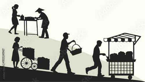 Street Vendors Selling Produce Uphill Dynamic Illustration for Economic Growth and Small Business Hustle