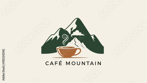 Cafe Mountain logo design with steaming coffee cup and scenic peaks.