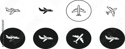 Airplane Icon Set with Multiple Aircraft Silhouettes and Flight Symbols, Aviation Transport Vector Collection for Travel Airport Navigation and Airline Design