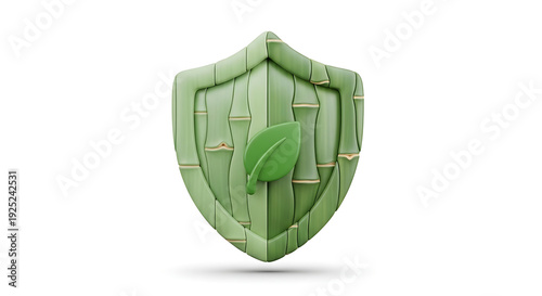 3D green bamboo shield with a delicate leaf emblem.