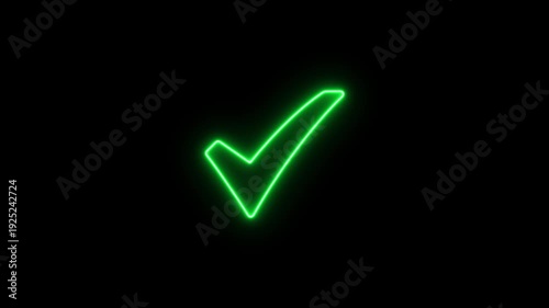 Green  Check mark icon neon light Black background